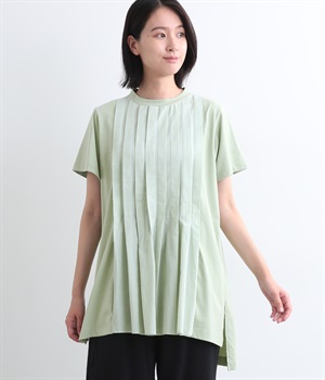 コットンブレンドプレーディング天竺フロントタックプルオーバー(グリーン-L)