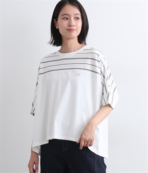 ジャカードボーダー天竺ドルマンTシャツ(オフホワイト-ONESIZE)
