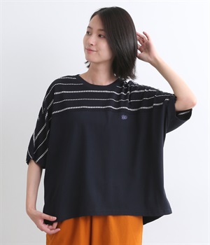 ジャカードボーダー天竺ドルマンTシャツ(ネイビー-ONESIZE)