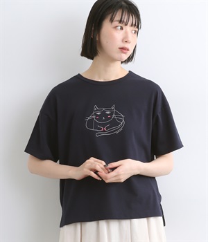 コットンブレンド天竺ハチワレネコTシャツ(ネイビー-L)
