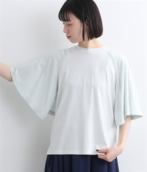 プレーディング天竺レーヨンリネン平織り布帛コンビフレアスリーブTシャツ
