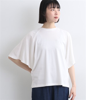 プレーディング天竺レーヨンリネン平織り布帛コンビフレアスリーブTシャツ(オフホワイト-M)