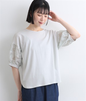 プレーディング天竺フラワージャカード布帛コンビギャザースリーブTシャツ(ミント-L)