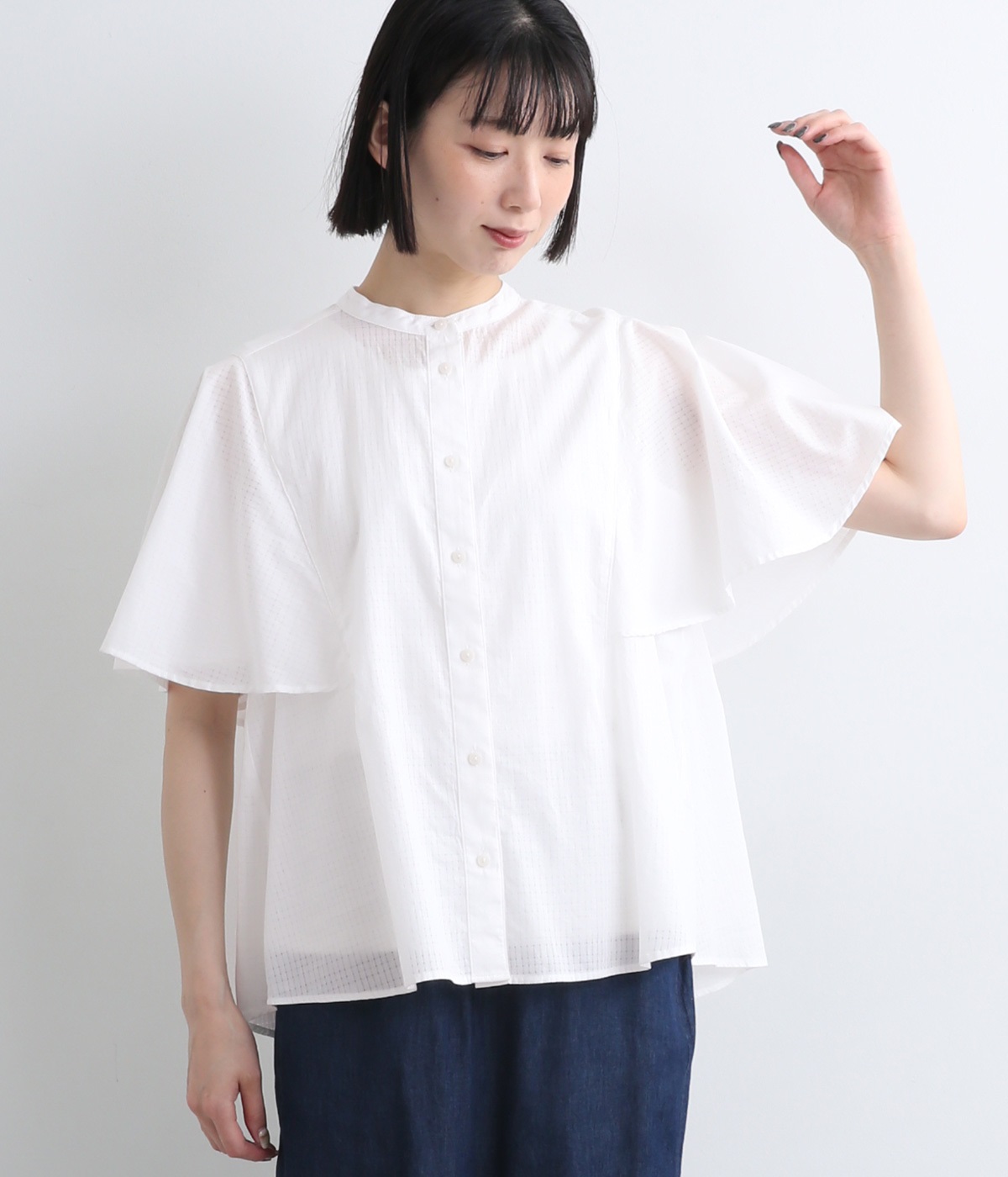 アキハチェックフレアスリーブブラウス(オフホワイト-L)