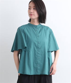 アキハチェックフレアスリーブブラウス(グリーン-L)