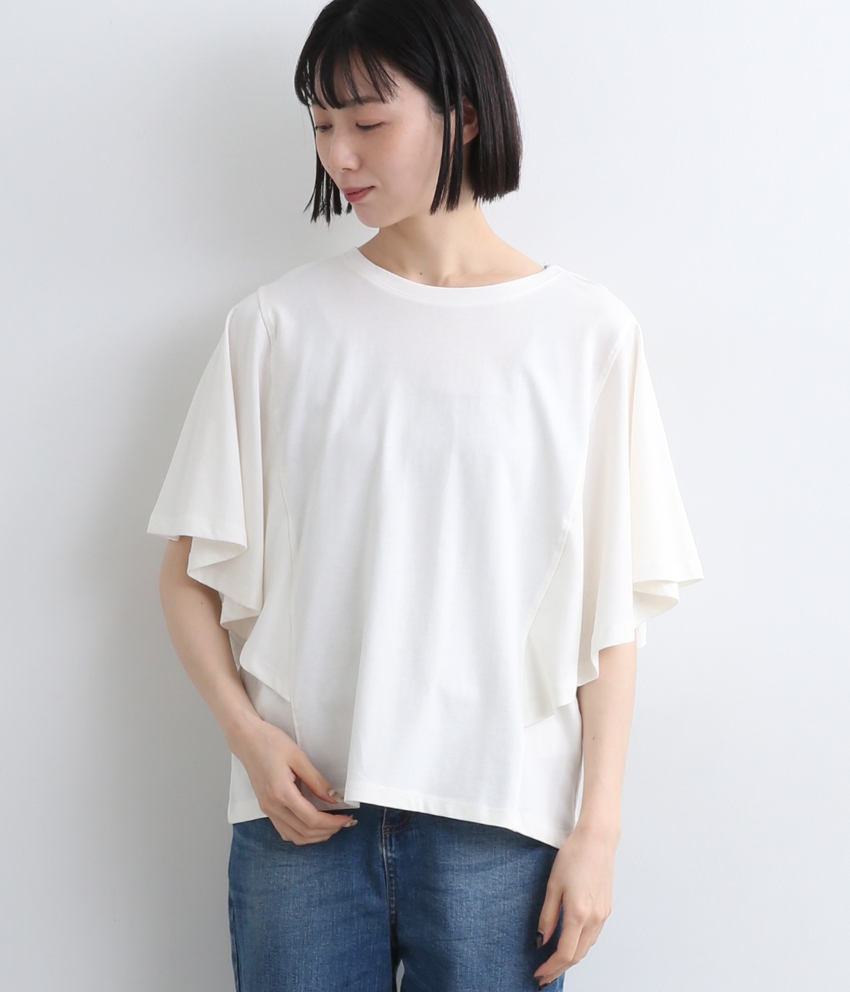 コットン強撚天竺フレアスリーブTシャツ(オフホワイト-L)