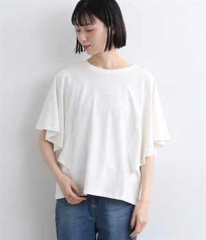 コットン強撚天竺フレアスリーブTシャツ(オフホワイト-L)