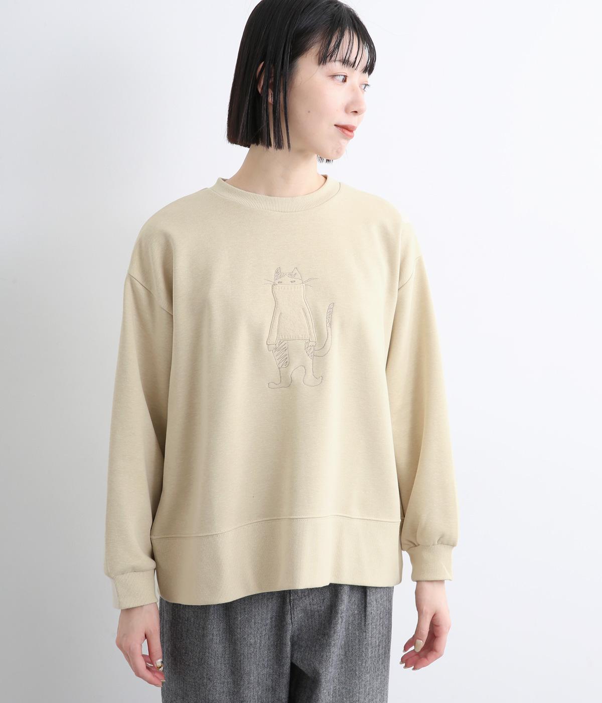 ネコ刺繍裏起毛プルオーバー(アイボリー-M)