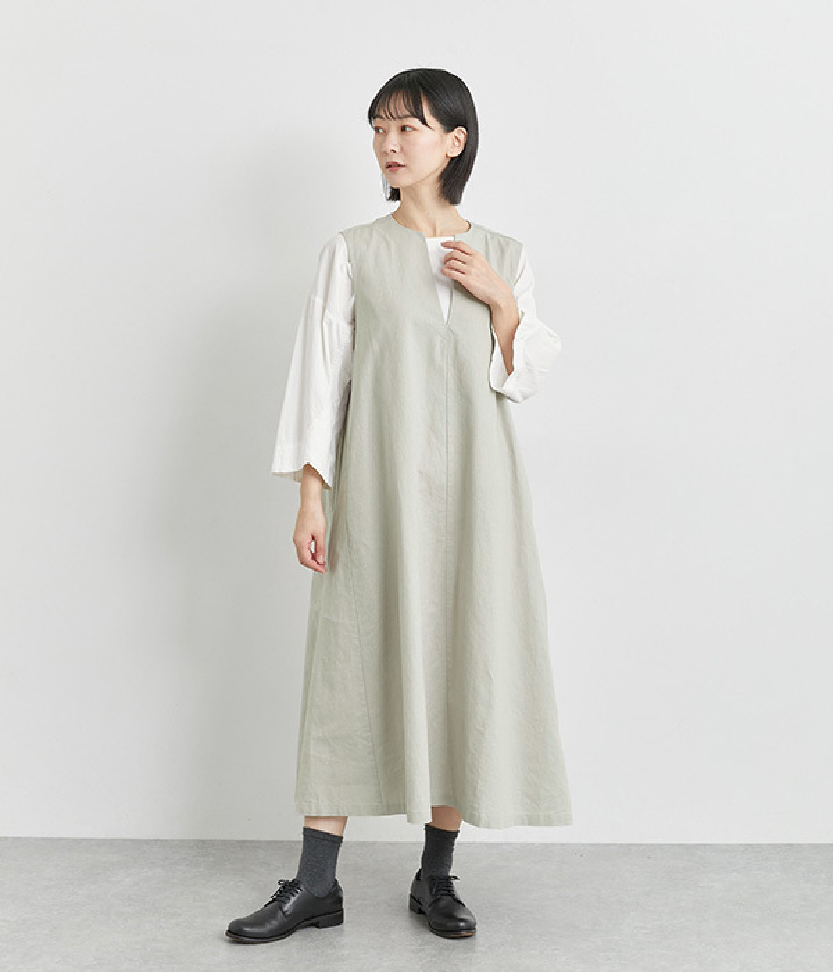 リネンコットンVネックワンピース(グレージュ-ONESIZE)