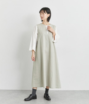 リネンコットンVネックワンピース(グレージュ-ONESIZE)