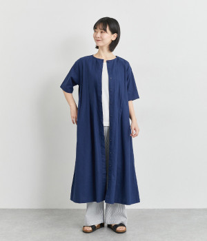 リネンコットンタックワンピース(ブルー-M)