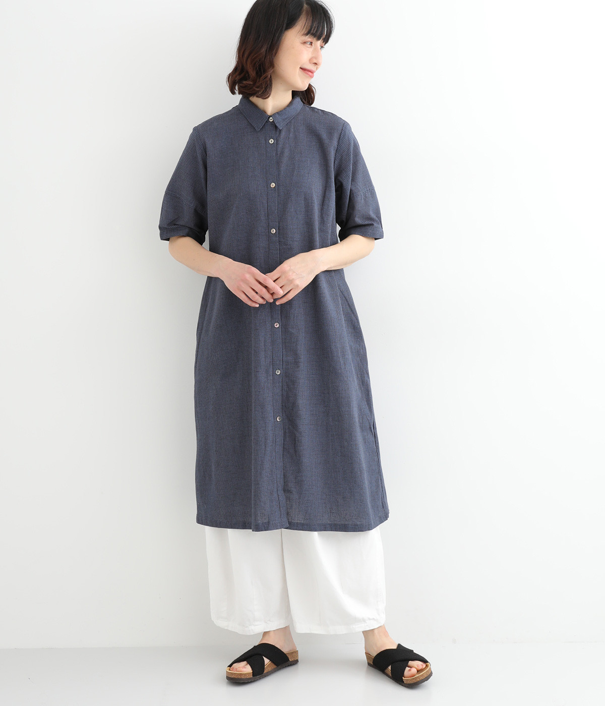 コットンリネンシャツワンピース(ネイビー-M)