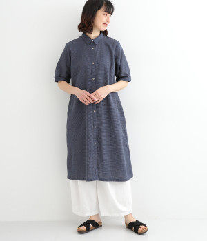 コットンリネンシャツワンピース(ネイビー-M)