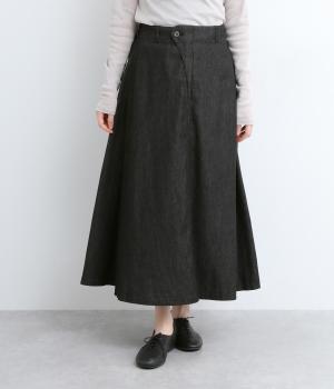 コットンデニムフレアスカート(ブラックデニム-L)