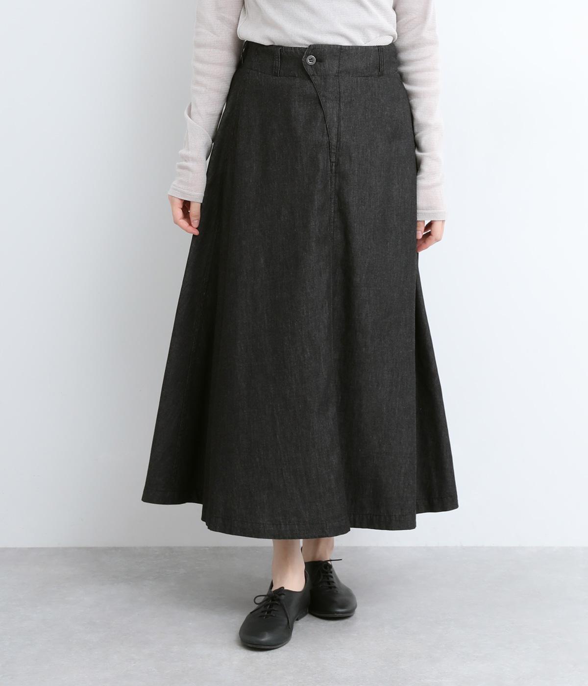 コットンデニムフレアスカート(ブラックデニム-M)