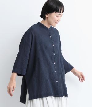 シュリンクスタンドカラーシャツ(ネイビー-L)