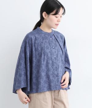 フラワージャカードフレアスリーブシャツ(ネイビー-L)