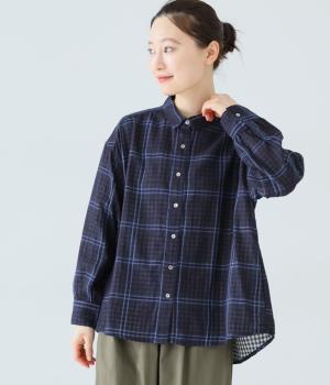 ダブルガーゼチェックブラウス(ネイビー-L)