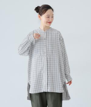 ダブルガーゼチェックロングシャツ(アイボリー-M)