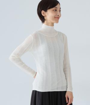 ウールブレンドシアーランダムリブ編みハイネックプルオーバー(オフホワイト-L)
