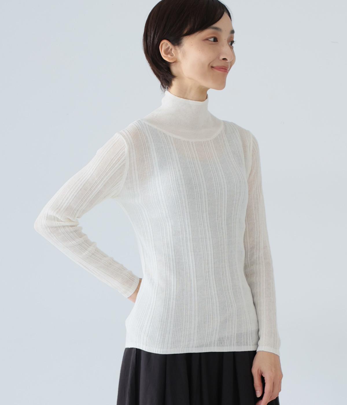 ウールブレンドシアーランダムリブ編みハイネックプルオーバー(オフホワイト-M)