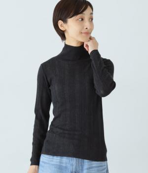 ウールブレンドシアーランダムリブ編みハイネックプルオーバー(チャコール-L)