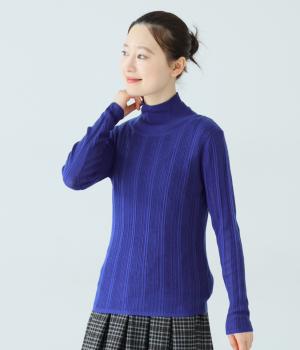 ウールブレンドシアーランダムリブ編みハイネックプルオーバー(ブルー-L)