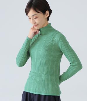 ウールブレンドシアーランダムリブ編みハイネックプルオーバー(グリーン-L)