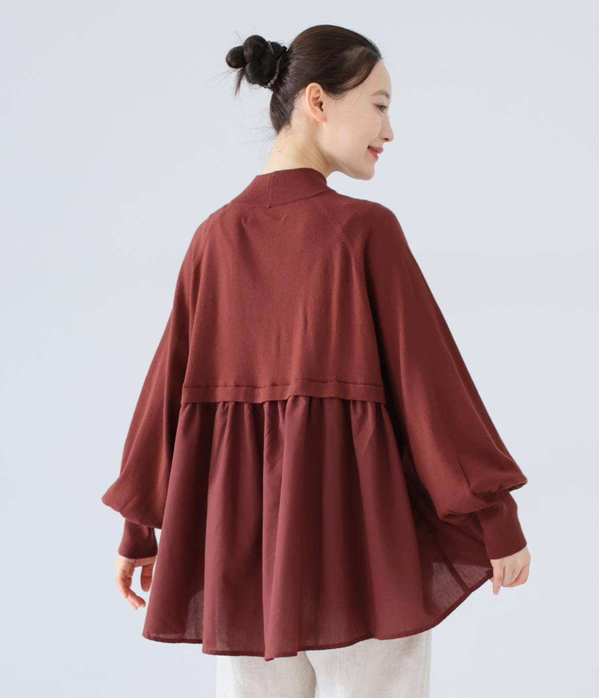 天竺編み×ポリエステルコットン平織り布帛コンビニニットハイネックプルオーバー(レッド-F)