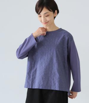 コットン天竺×コットン平織りフロントフハク刺繍プルオーバー(ブルー-L)