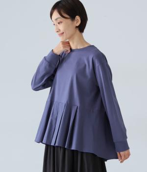 コットン天竺×コットン平織りペプラムプルオーバー(ブルー-L)