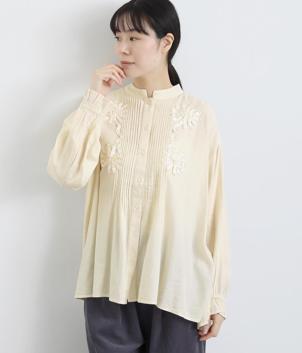 テープ刺繍ピンタックブラウス(アイボリー-F)