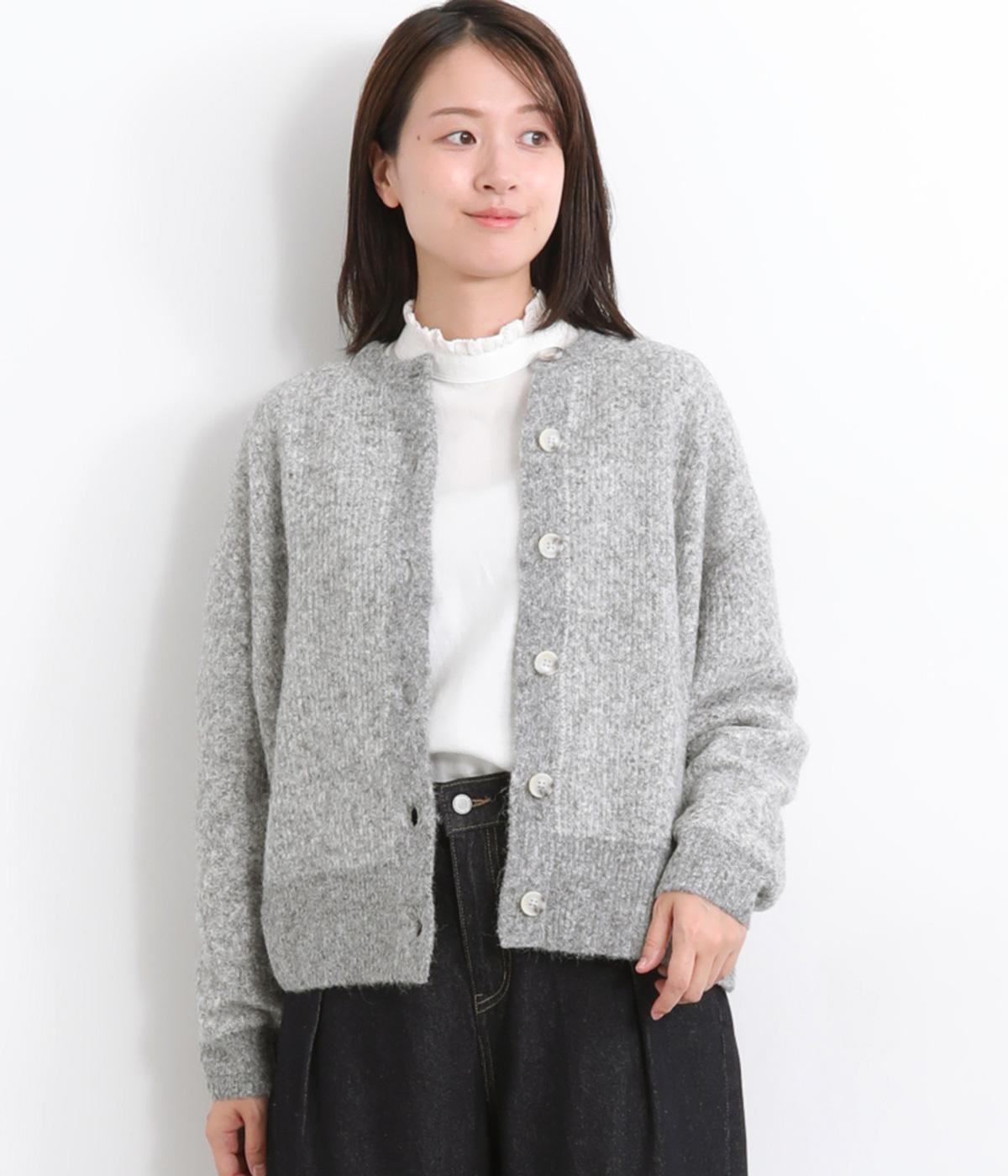 畦編みニットカーディガン(グレー-M)