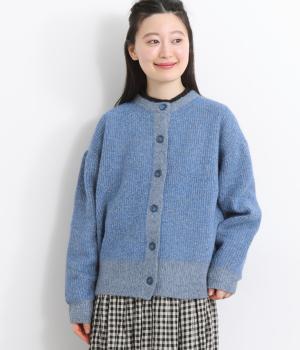 畦編みニットカーディガン(ブルー-L)