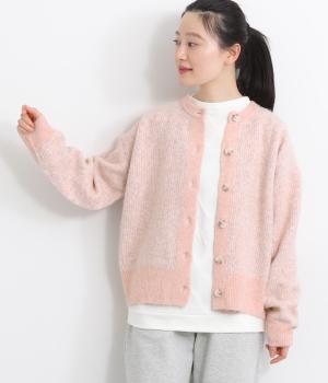 畦編みニットカーディガン(ピンク-M)