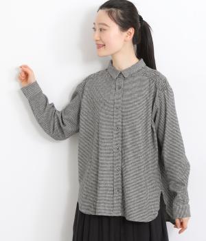 コットンシャーリングチェックブラウス(グレー-L)
