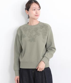 コットンエンブロイダリー　カノコ裏起毛プルオーバー(カーキ-L)