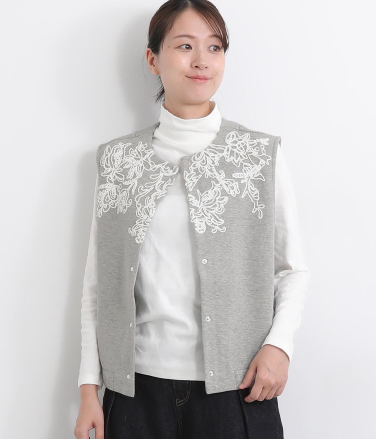 コットンエンブロイダリー　カノコ裏起毛ジレ(杢グレー-M)