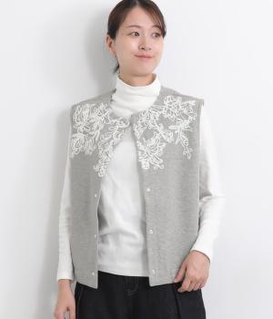コットンエンブロイダリー　カノコ裏起毛ジレ(杢グレー-M)