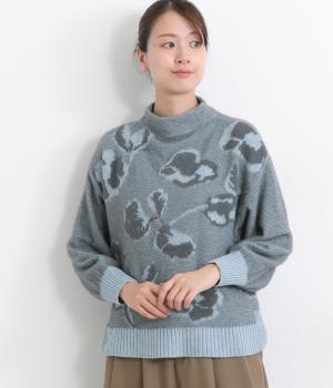 フラワージャカードニットプルオーバー(ブルー-L)