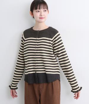 ソフトリブボーダーニットカーディガン(チャコール-M)