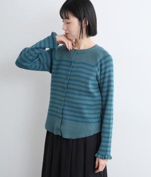 ソフトリブボーダーニットカーディガン(ブルー-L)