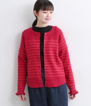 ソフトリブボーダーニットカーディガン(レッド-L)