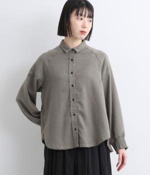 フランネルシャンブレーツイルギャザーカフスブラウス(チャコール-L)