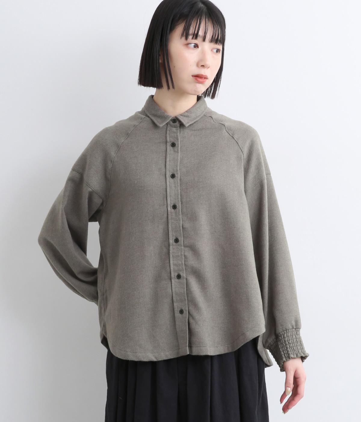 フランネルシャンブレーツイルギャザーカフスブラウス(チャコール-M)