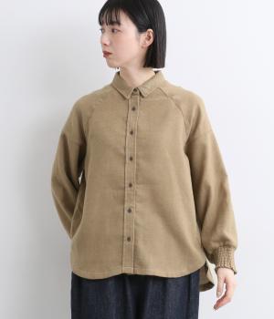 フランネルシャンブレーツイルギャザーカフスブラウス(ベージュ-L)