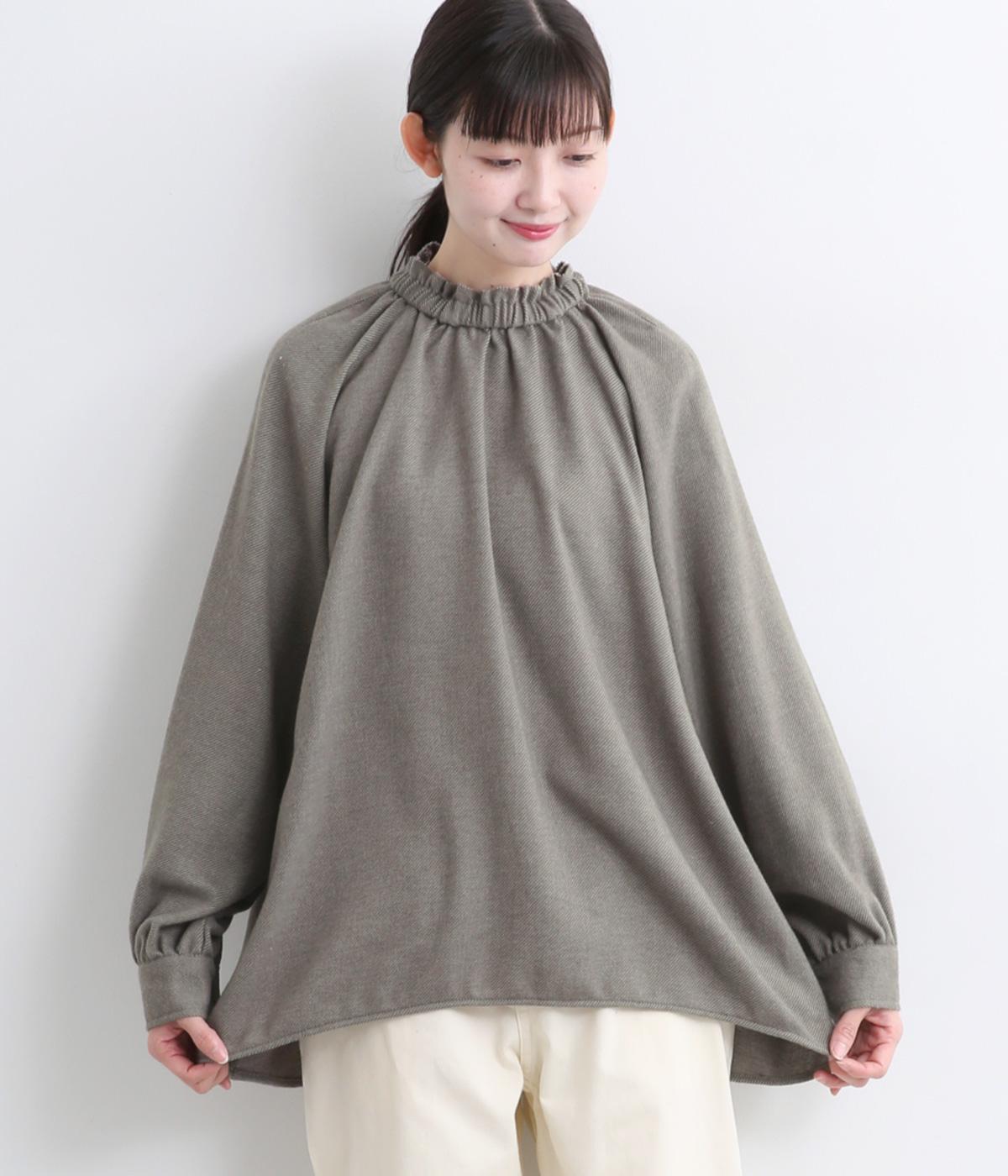 フランネルシャンブレーツイルギャザーカラーフリルプルオーバー(チャコール-M)
