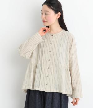 サンドウオッシュフレアシャツ(ベージュストライプ-L)