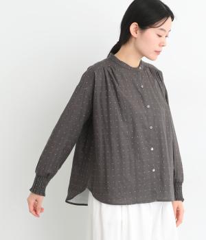 ドットダブルガーゼギャザーブラウス(チャコール-L)