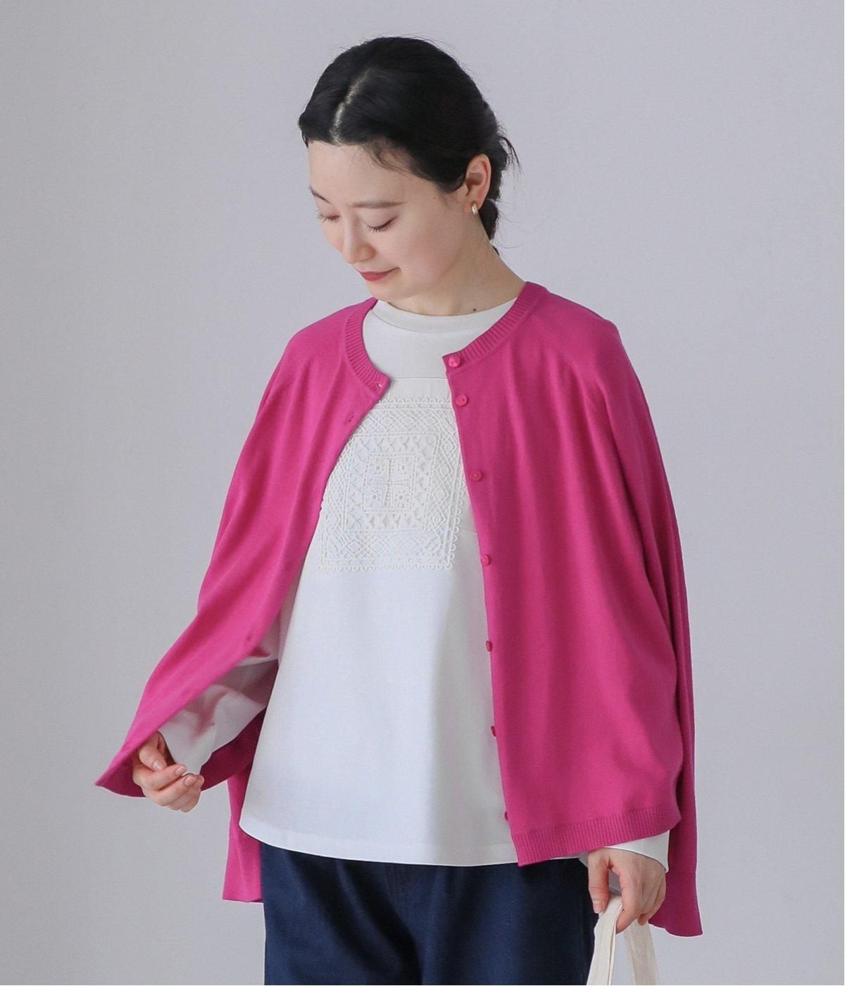 コットンシルクラウンドヘムニットカーディガン(ピンク-F)